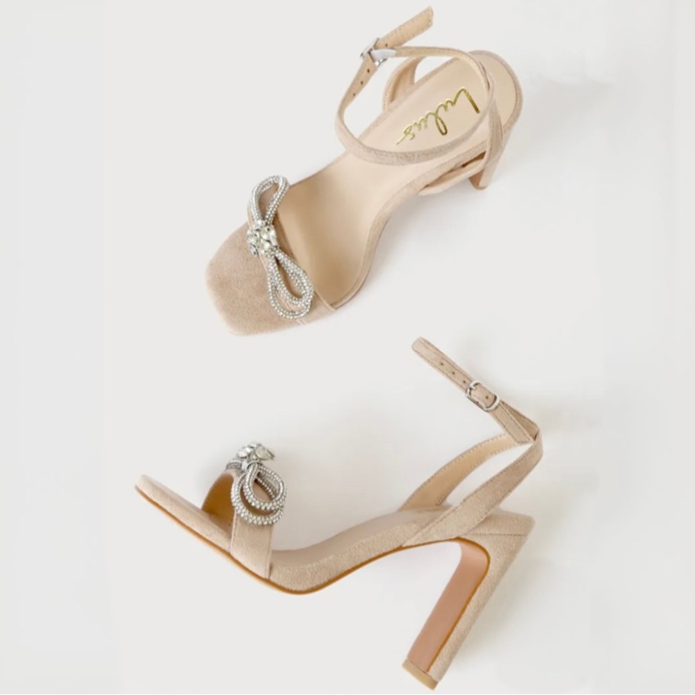 LULUS Lonally Light Nude Suede Rhinestone High Heel Sandals NWOB - Picture 3 of 10